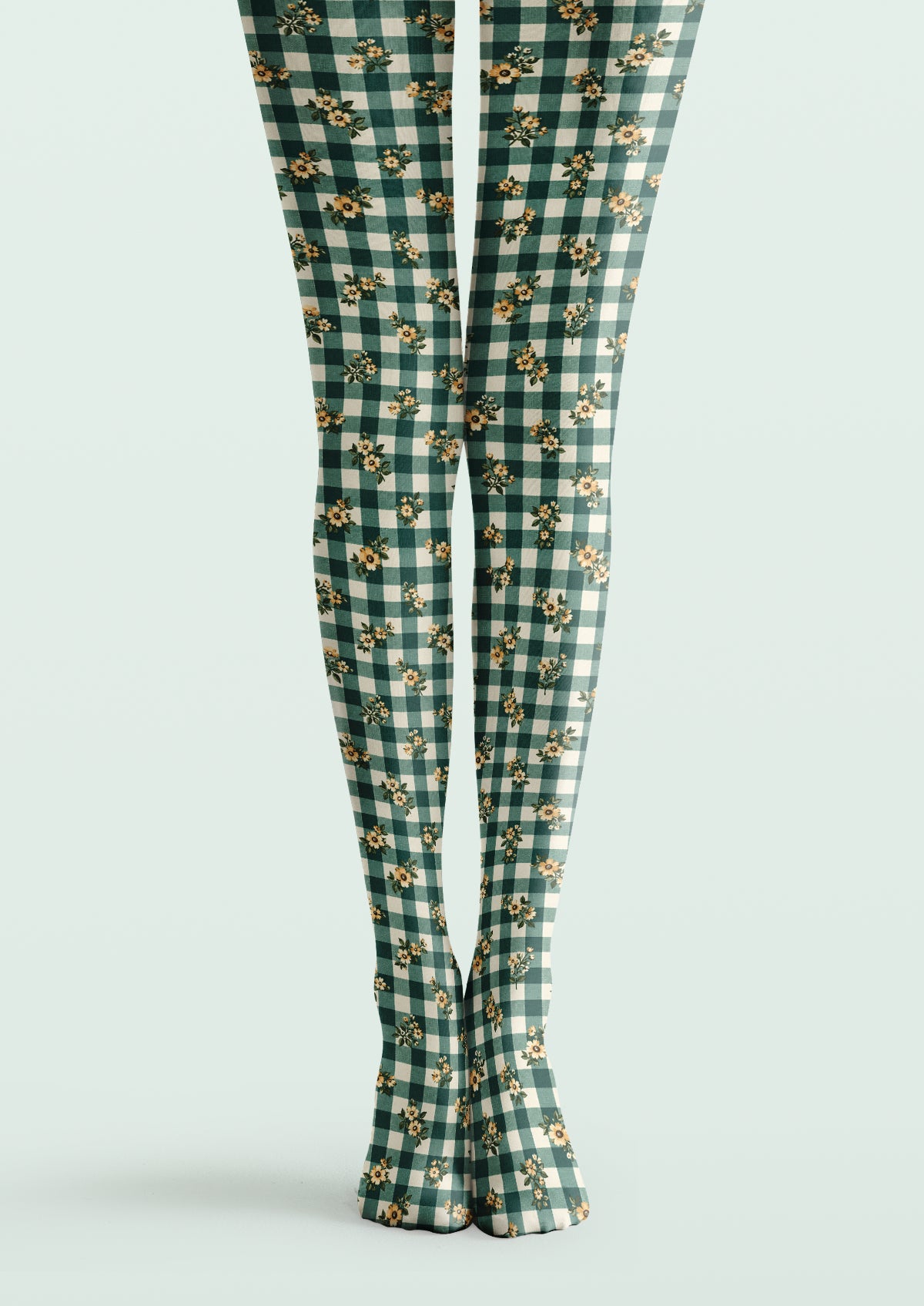 Green and ivory gingham printed tights with scattered yellow flower bouquets and green leaves