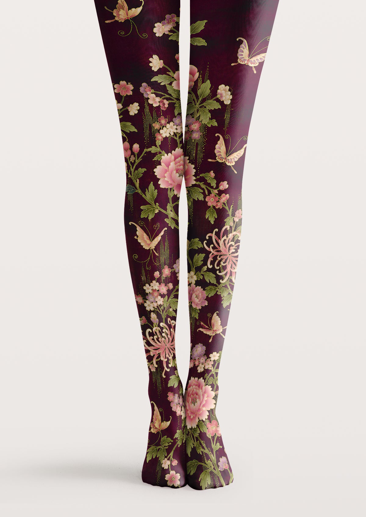 Burgundy printed tights with pink flowers, green leaves, and pale butterflies