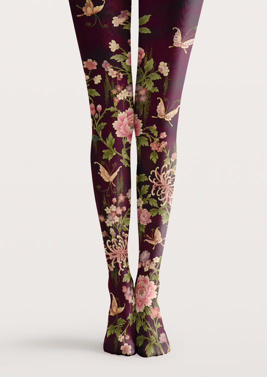 Burgundy printed tights with pink flowers, green leaves, and pale butterflies