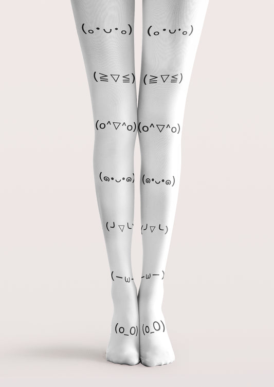White printed tights with black emoticon faces in matching rows down both legs and across the tops of the feet