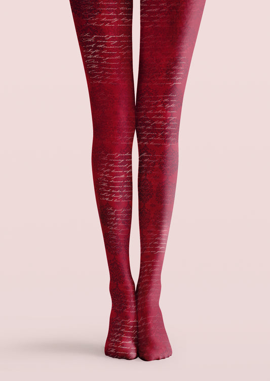 Red printed tights with pale cursive lettering layered over darker floral scrolls and ornamental leaves