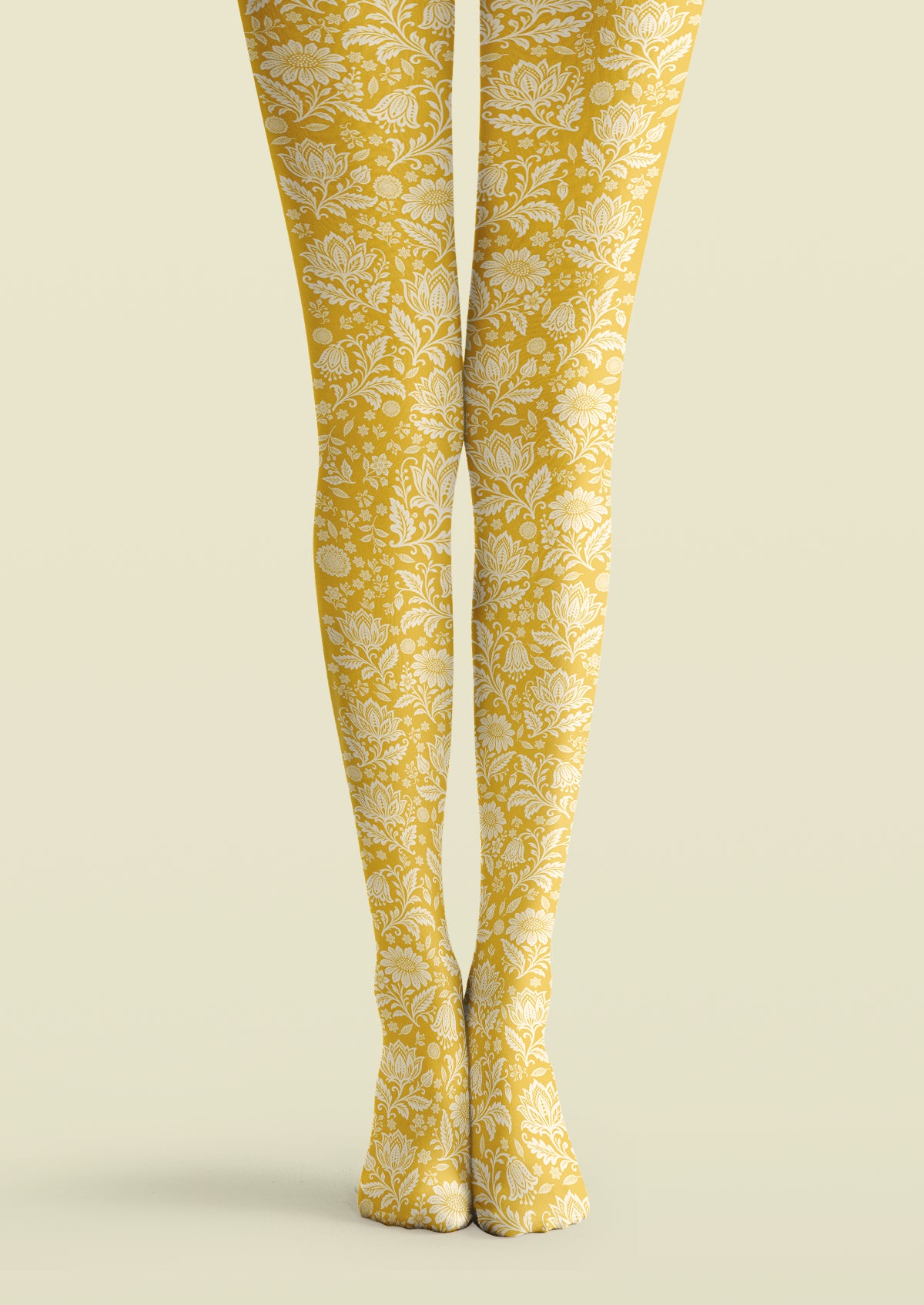 Yellow printed tights with ivory flowers, curling stems, leafy scrolls, and smaller floral sprigs