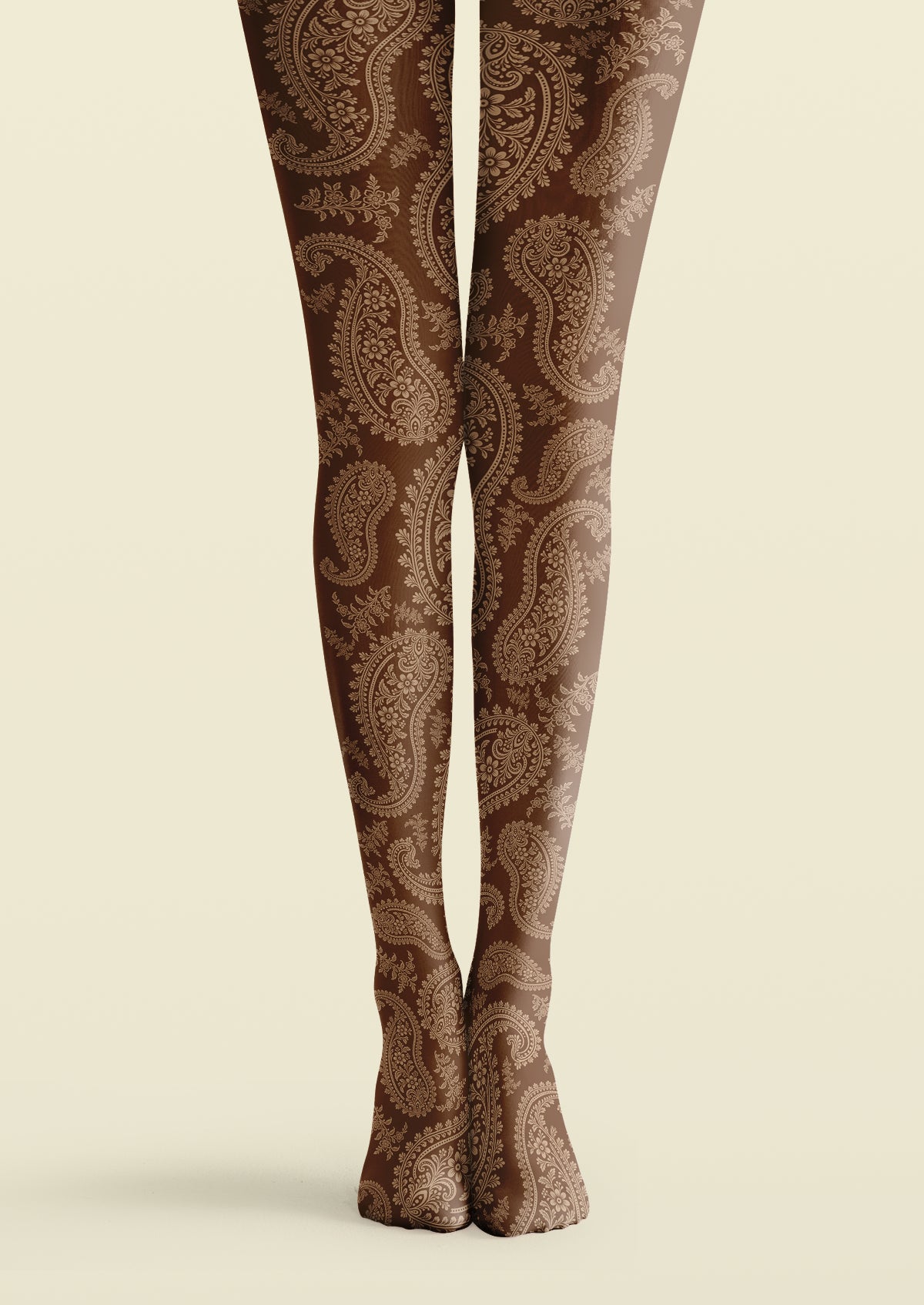Brown printed tights with beige paisley motifs filled with flowers and leaves, plus smaller floral sprigs