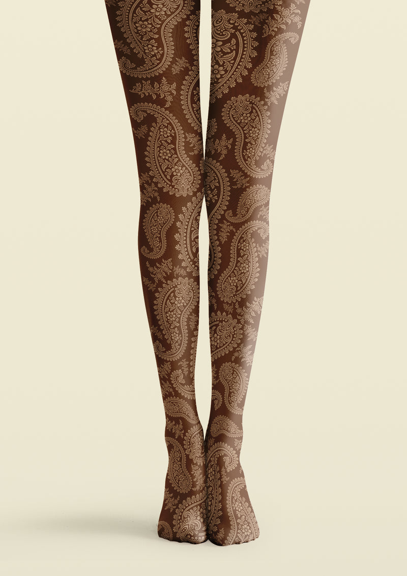 Brown printed tights with beige paisley motifs filled with flowers and leaves, plus smaller floral sprigs