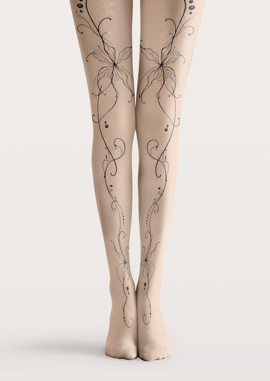 Beige printed tights with fine black flower outlines, curling stems, and small round accents on both legs
