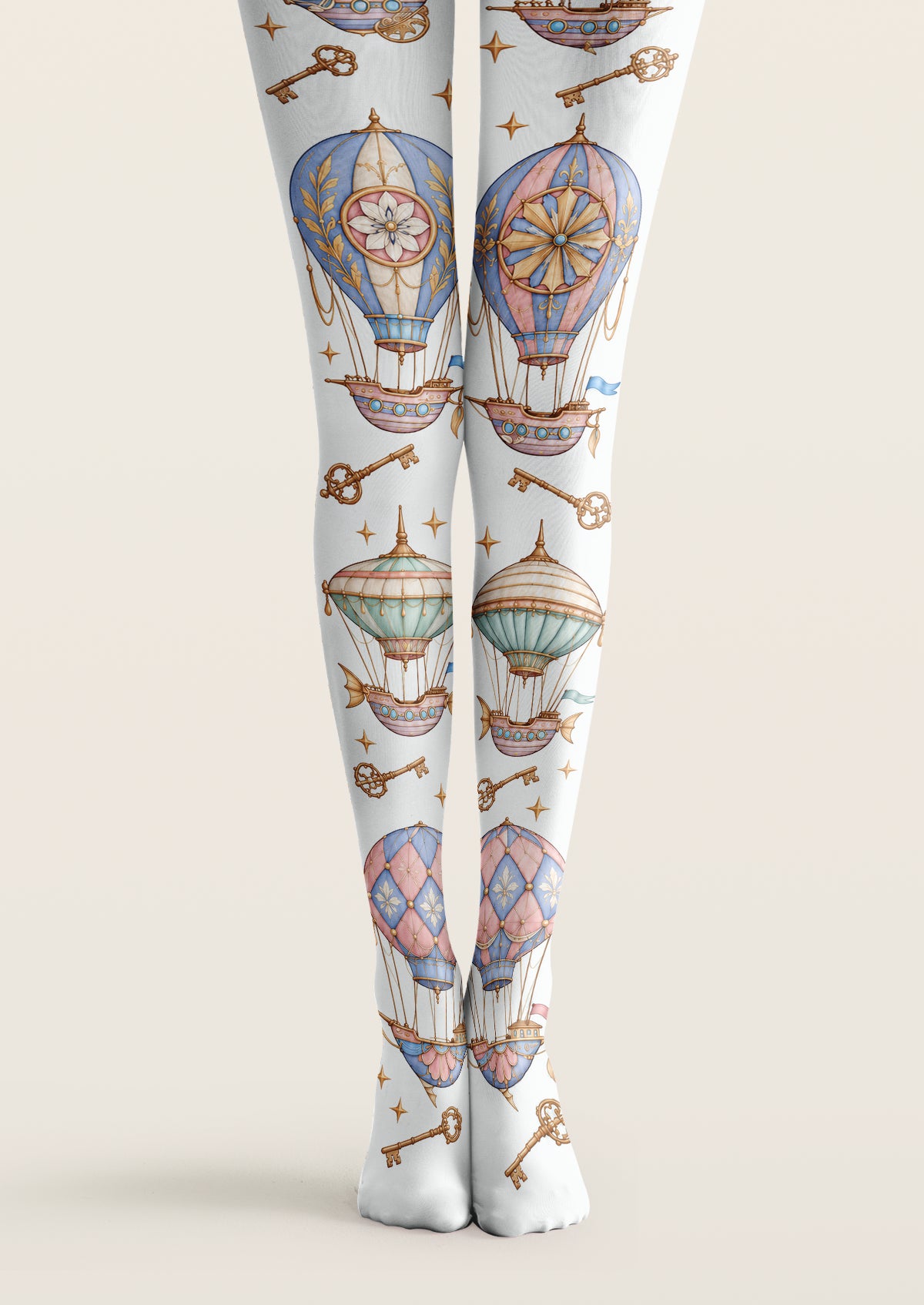 White printed tights with blue and pink balloon airships, ornate brown keys, and small stars