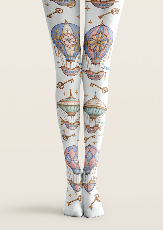 White printed tights with blue and pink balloon airships, ornate brown keys, and small stars