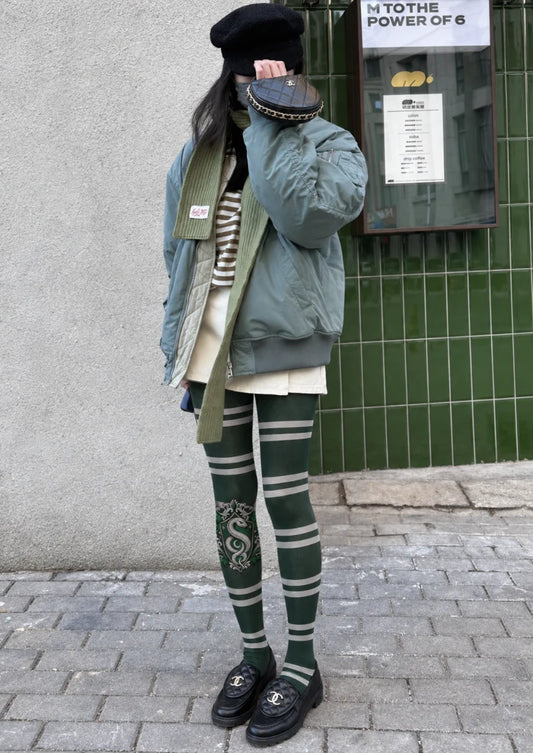 Green Serpent Crest Stripe Tights