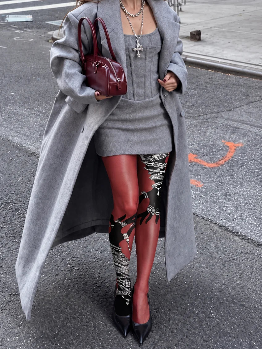 Burgundy Jeweled Silhouette Tights