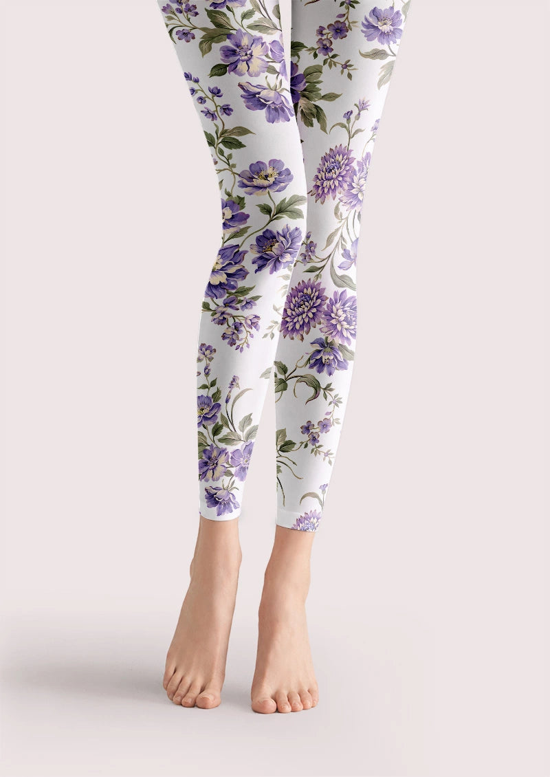 Vintage Purple Botanical Floral Print Footless Tights Hosiery Leggings