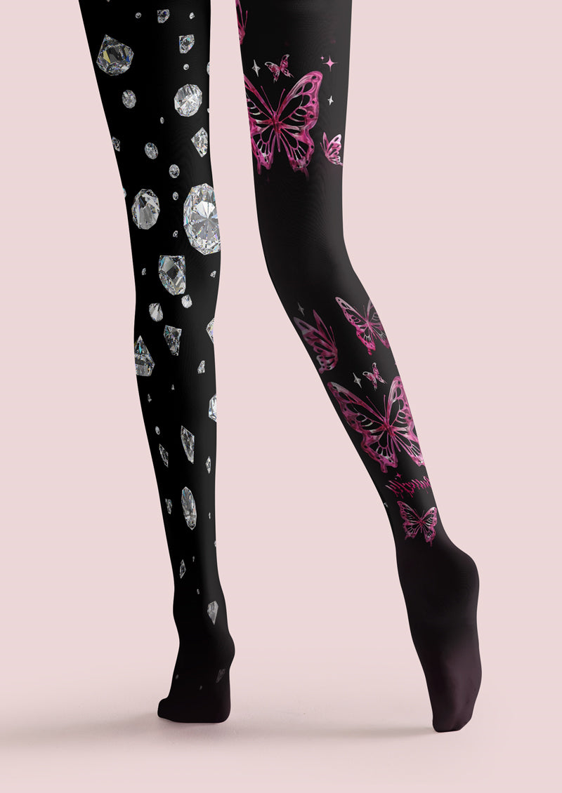 Black Butterfly & Diamond Asymmetric Print Tights Hosiery Pantyhose