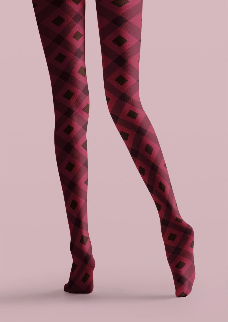 Burgundy Argyle Checkered Pattern Tights Hosiery Pantyhose