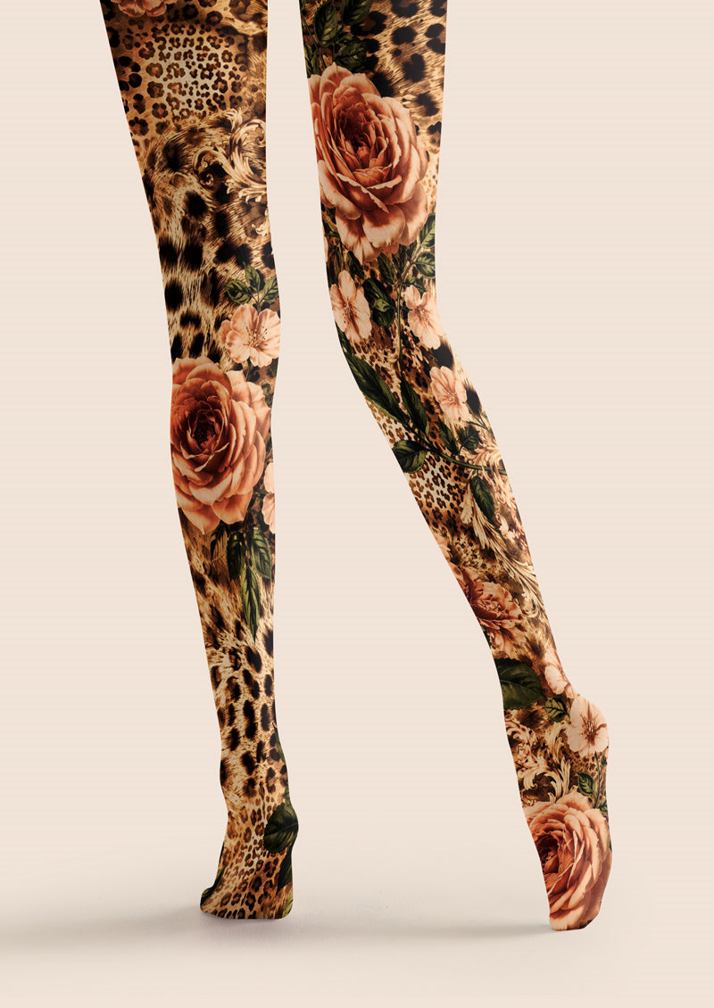 Brown Leopard Rose Floral Tights Hosiery Pantyhose