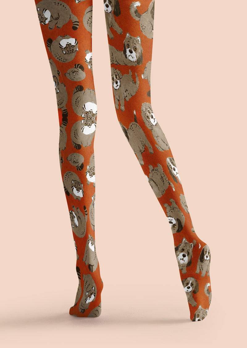 Orange Hand‑Drawn Puppy Print Tights Hosiery Pantyhose