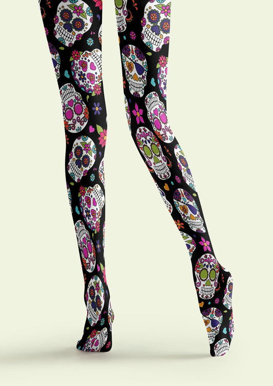 Black Sugar Skull Floral Tights Hosiery Pantyhose