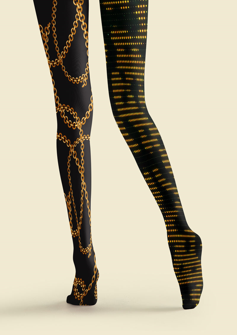 Black Gold Chain & Dot Asymmetric Print Tights Hosiery Pantyhose