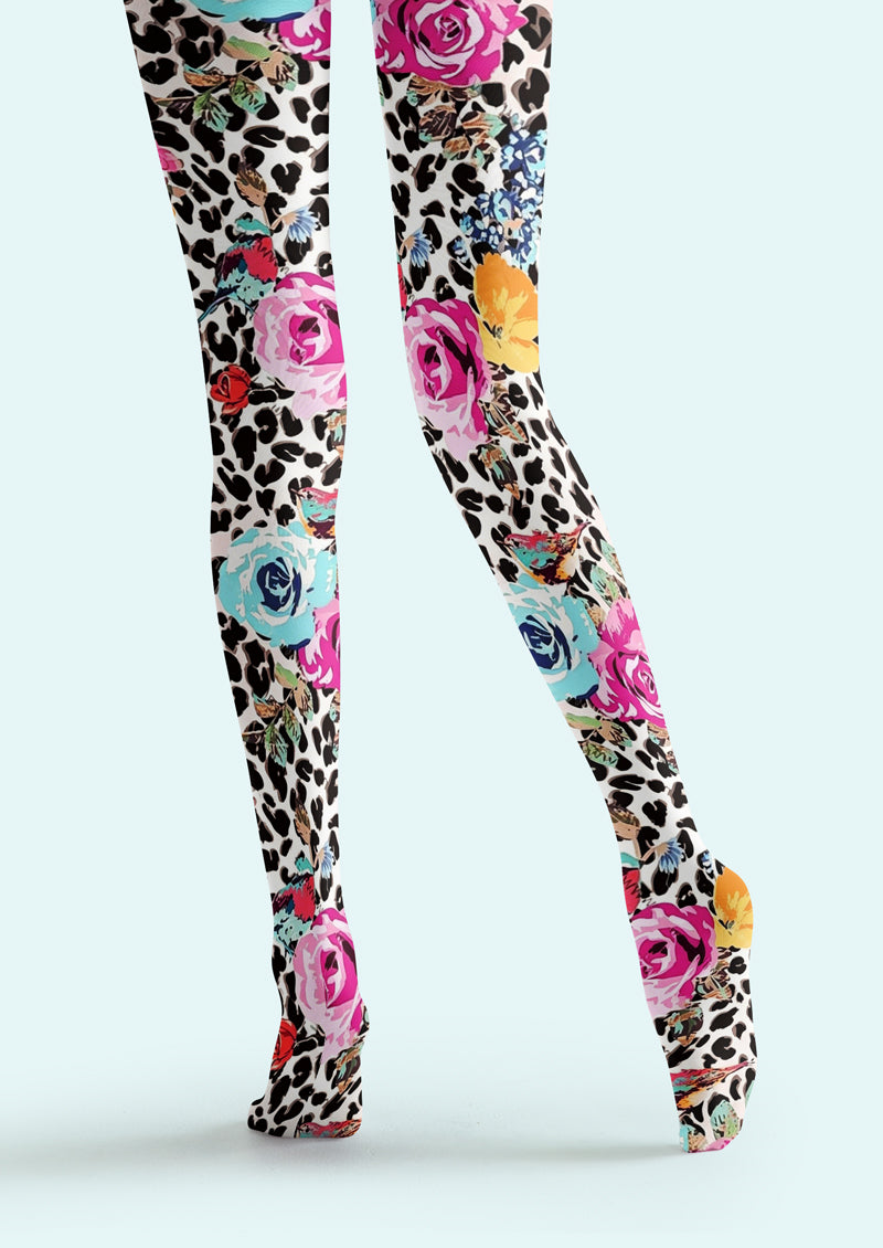 White Leopard Floral Print Tights Hosiery Pantyhose