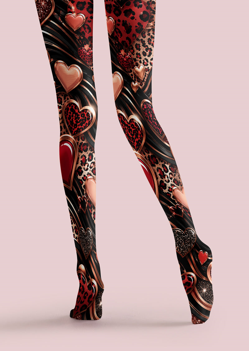 Black Leopard Heart Print Tights Hosiery Pantyhose