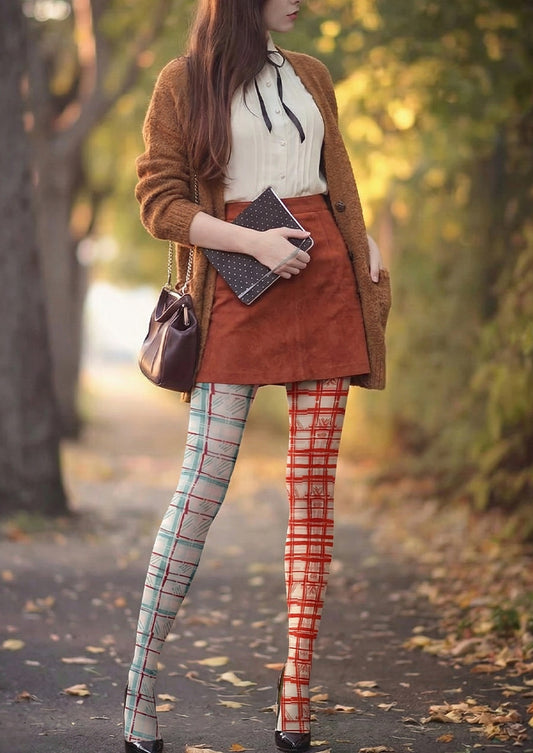 Red Blue Plaid Printed Tights Hosiery Pantyhose