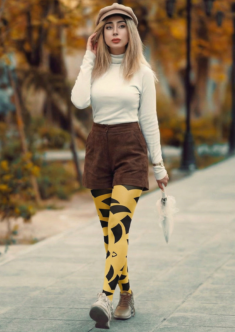 Yellow Black Crescent Geometric Tights Hosiery Pantyhose