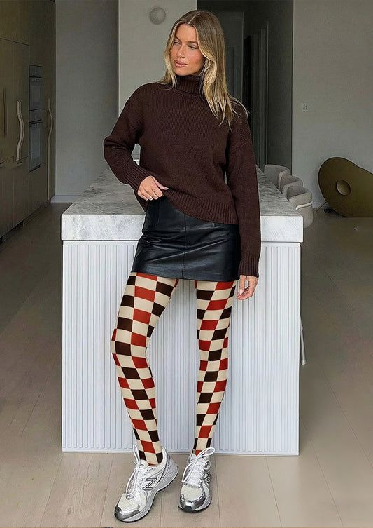 Red Brown Checkerboard Printed Tights Hosiery Pantyhose