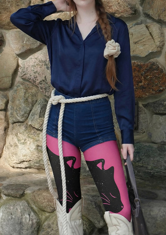 Pink Black Cat Printed Tights Hosiery Pantyhose