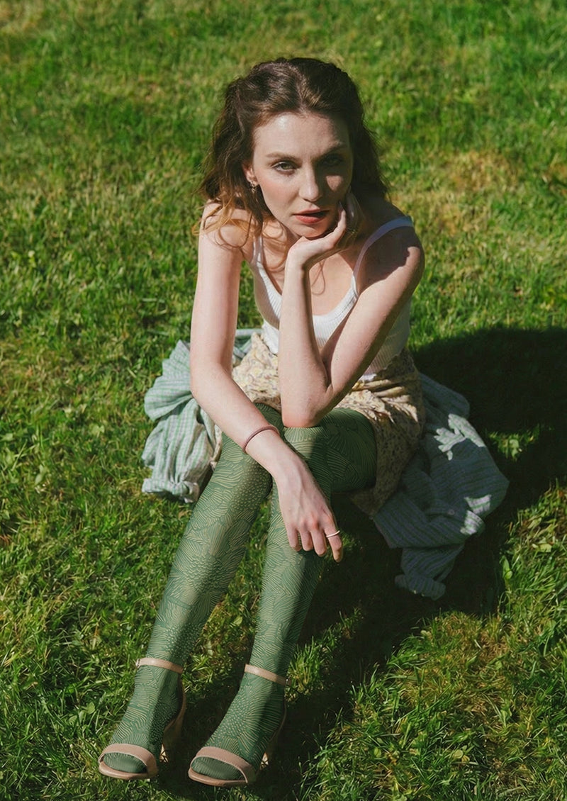Green Botanical Pattern Tights Hosiery Pantyhose