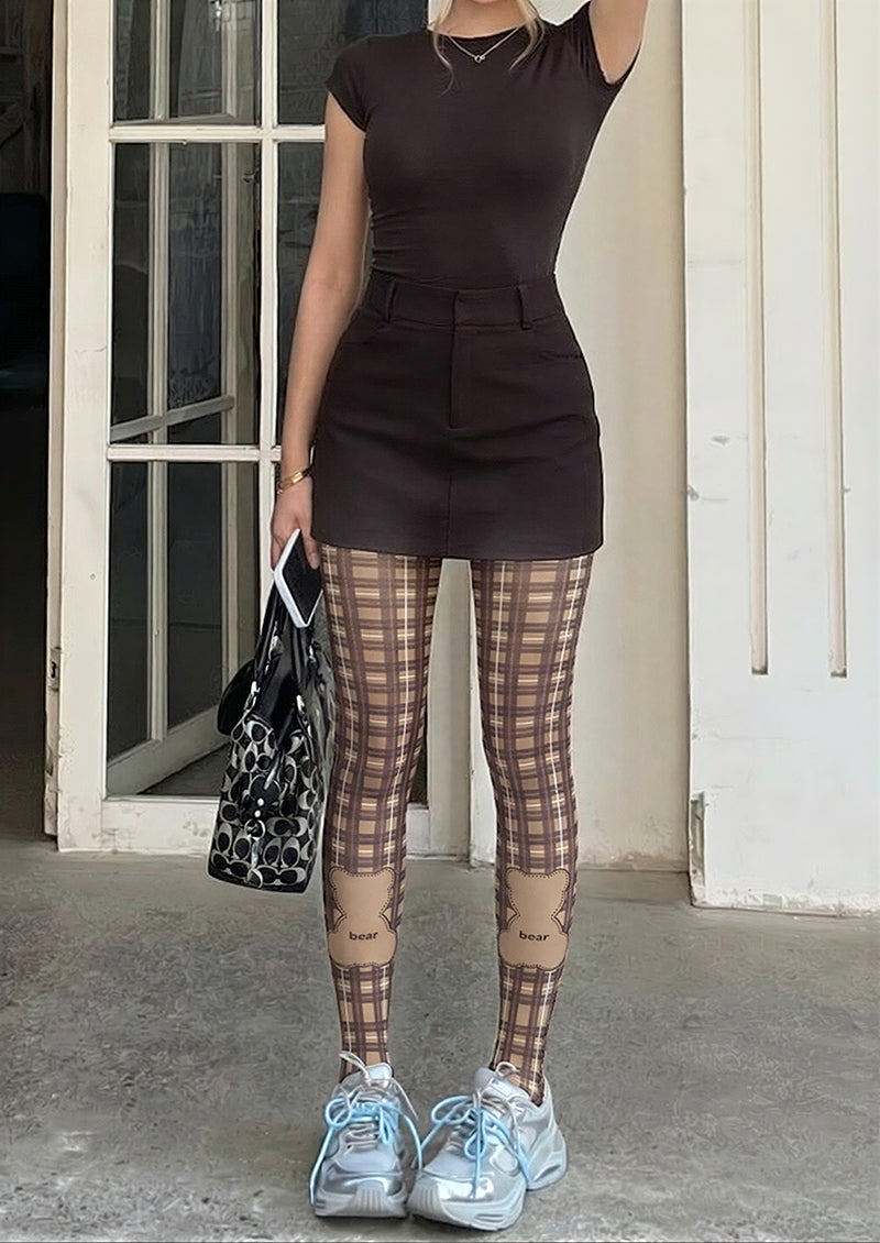 Plaid Bear Printed Tights Hosiery Pantyhose