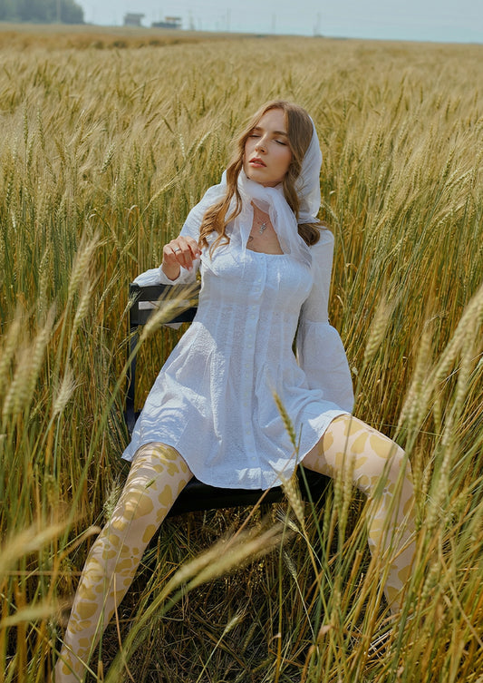 White Yellow Floral Tights Hosiery Pantyhose