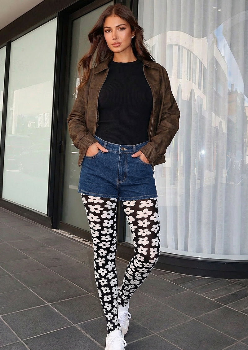 Black White Daisy Tights Hosiery Pantyhose