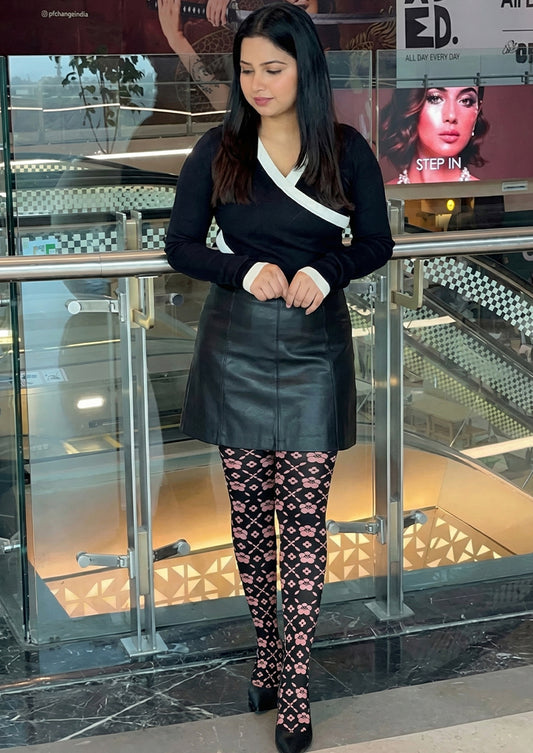 Pink Black Four-Leaf Flower Printed Tights Hosiery Pantyhose