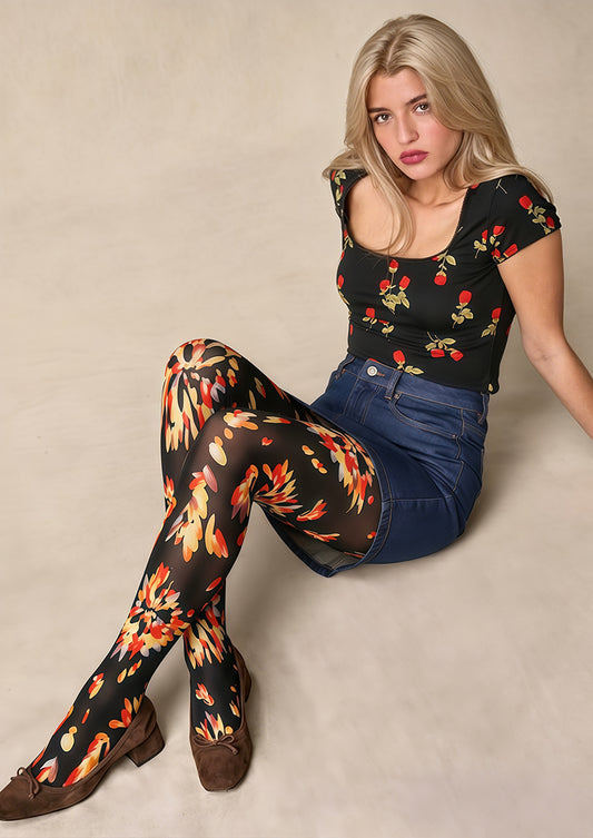 Black Orange Red Firework Floral Tights Hosiery Pantyhose