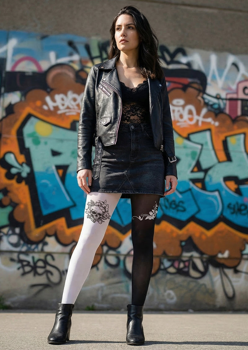 Skull Rose Color Block Printed Tights Hosiery Pantyhose