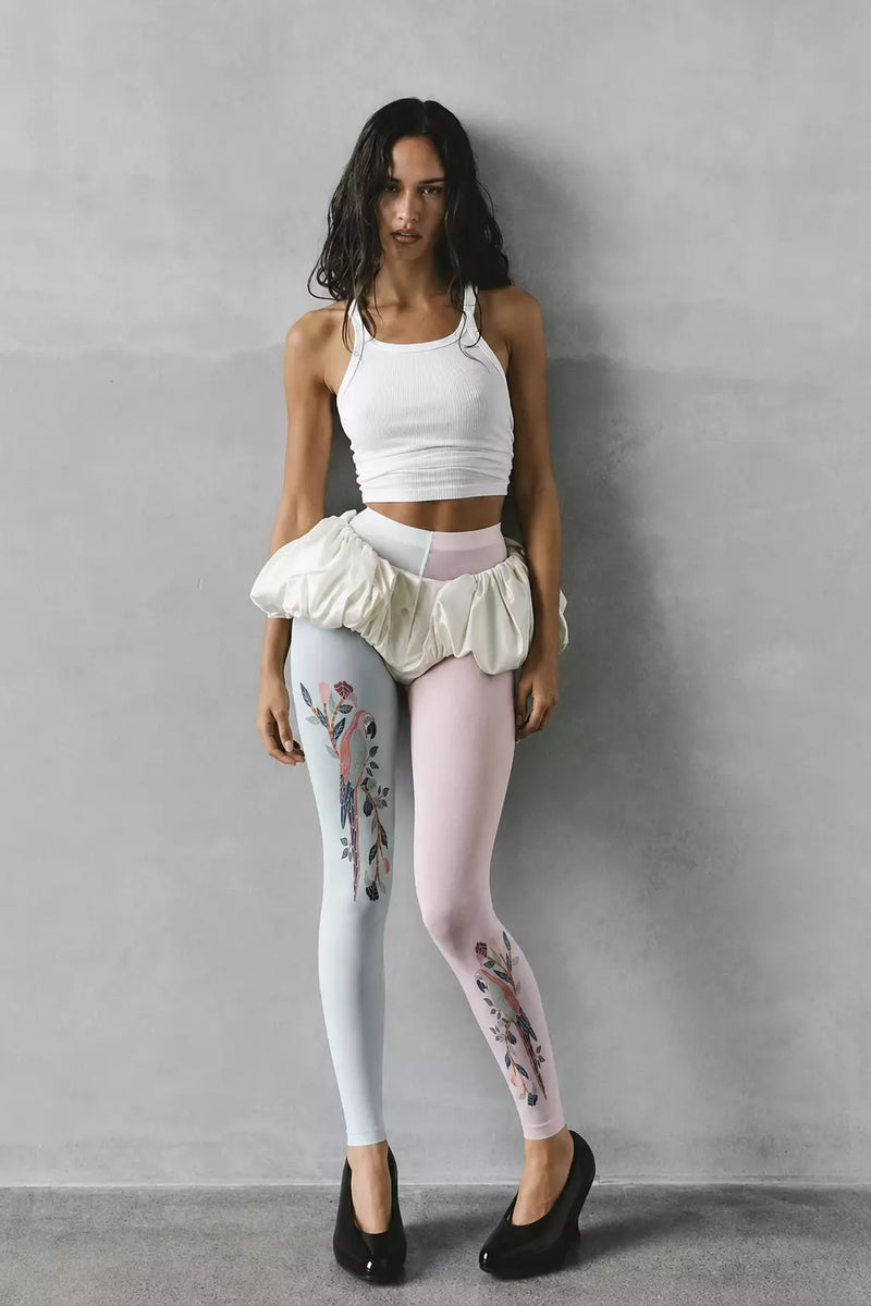 Pastel Parrot Floral Print Footless Tights Hosiery Leggings