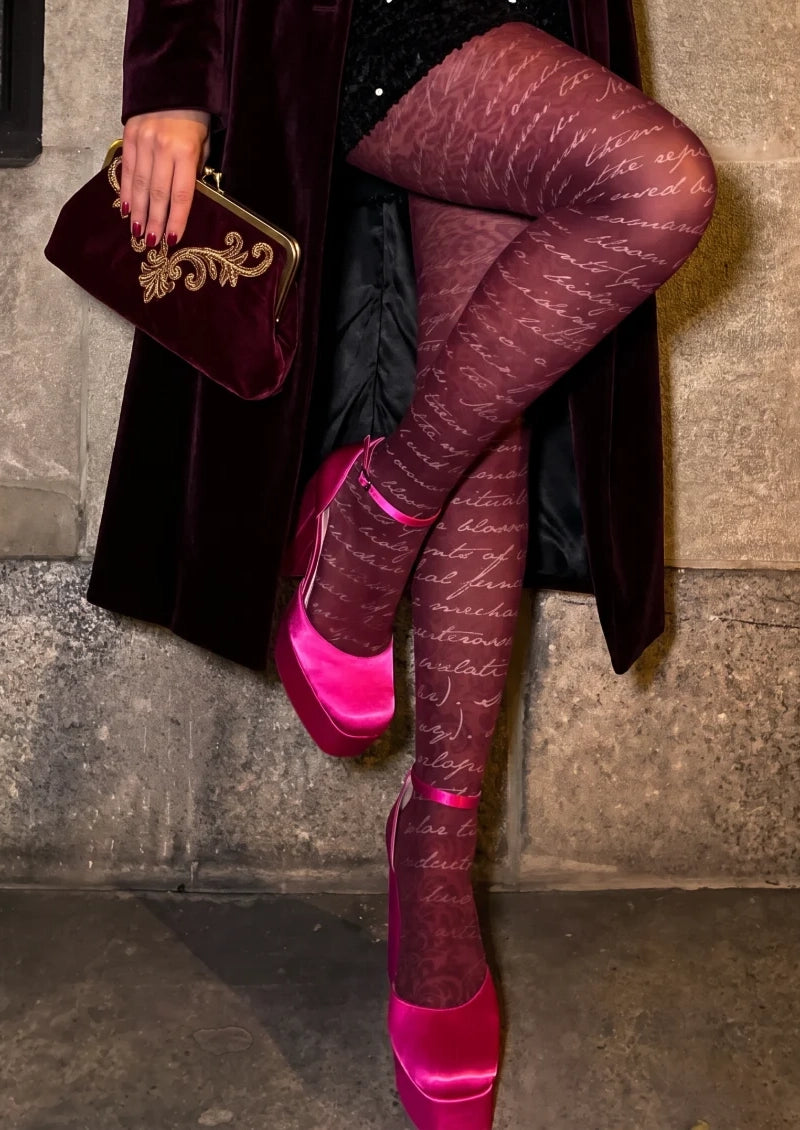 Burgundy Cursive Script Floral Tights