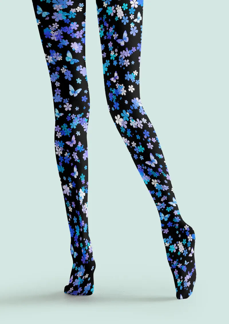 Black Blue Butterfly Floral Tights