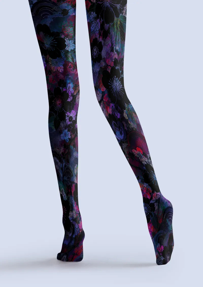 Black Purple Floral Collage Tights