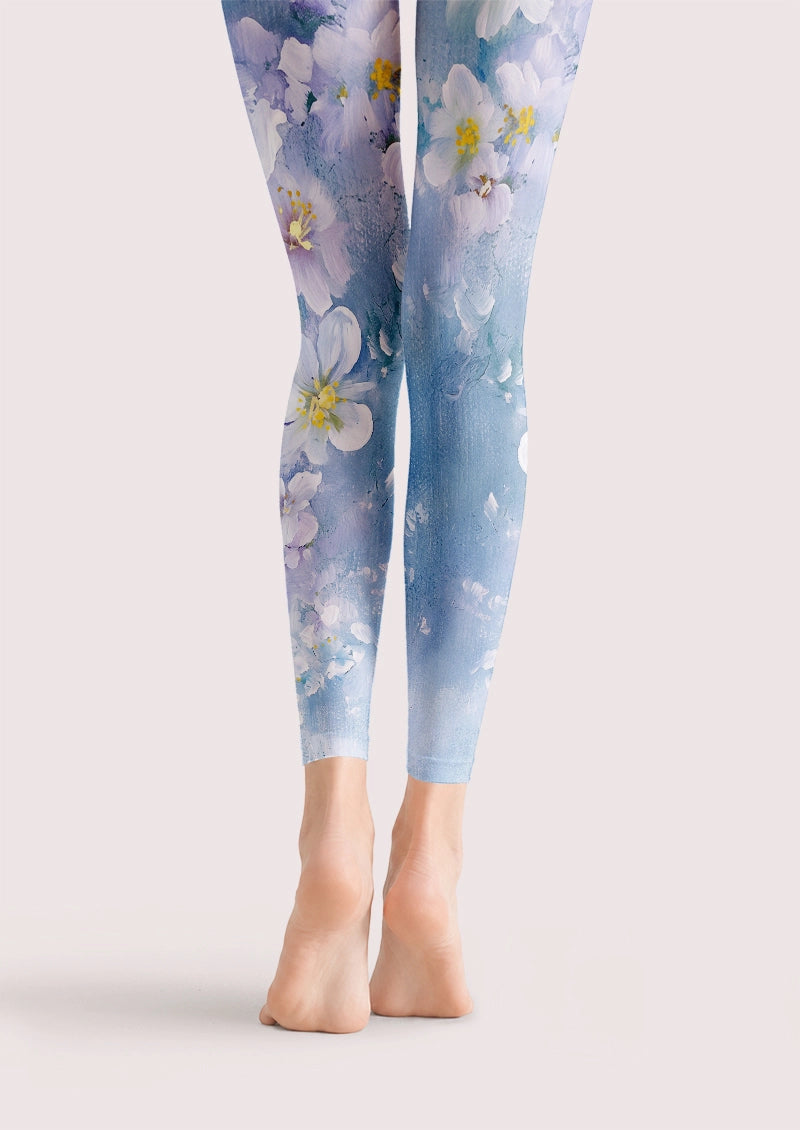 Blue Watercolor Blossom Footless Tights