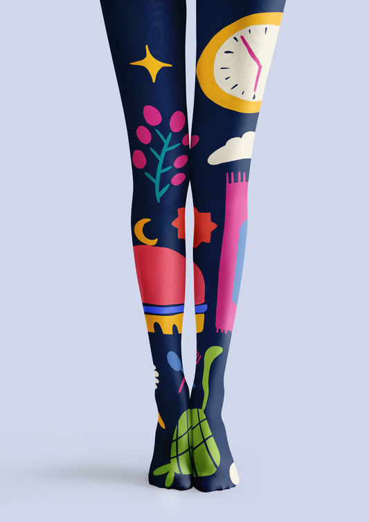 Navy City Night Print Tights Hosiery Pantyhose