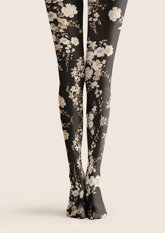 Black White Vintage Floral Tights Hosiery Pantyhose