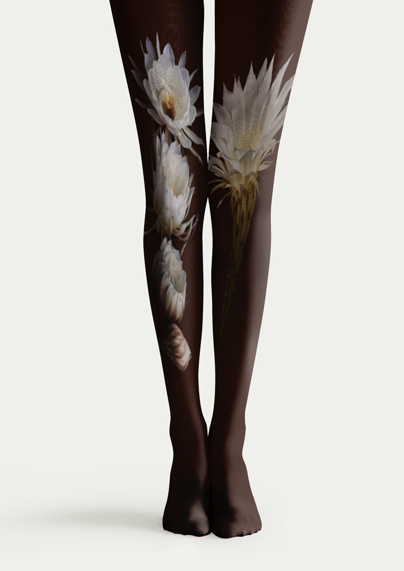 Black White Floral Art Tights Hosiery Pantyhose