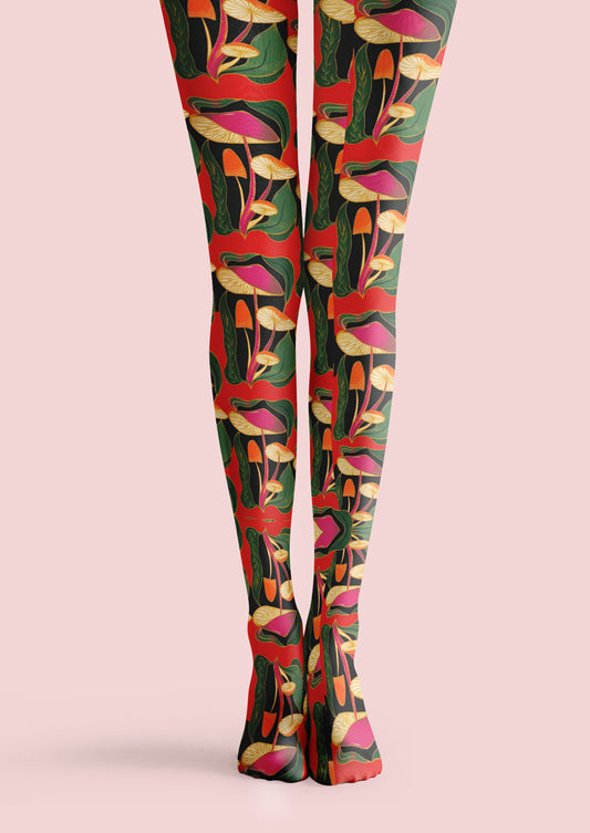 Red Mushroom Print Tights Hosiery Pantyhose