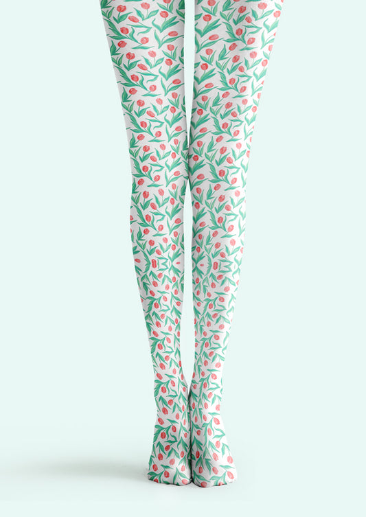 White Pink Floral Tights Hosiery Pantyhose