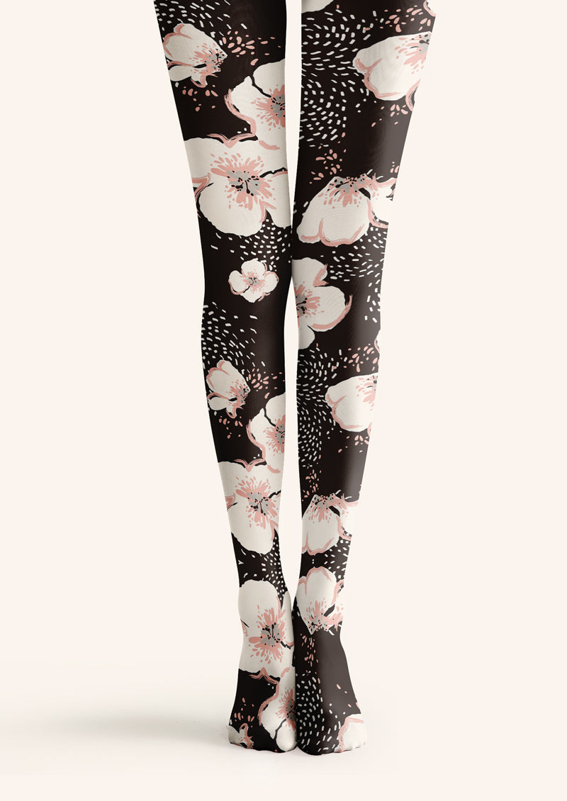 Black White Cherry Blossom Tights Hosiery Pantyhose