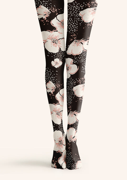 Black White Cherry Blossom Tights Hosiery Pantyhose