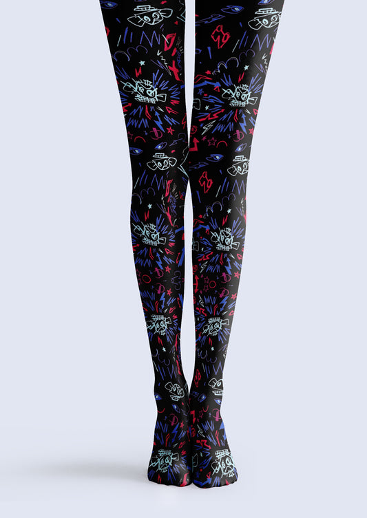 Black Graffiti Print Tights Hosiery Pantyhose