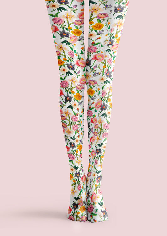 White Colorful Floral Tights Hosiery Pantyhose