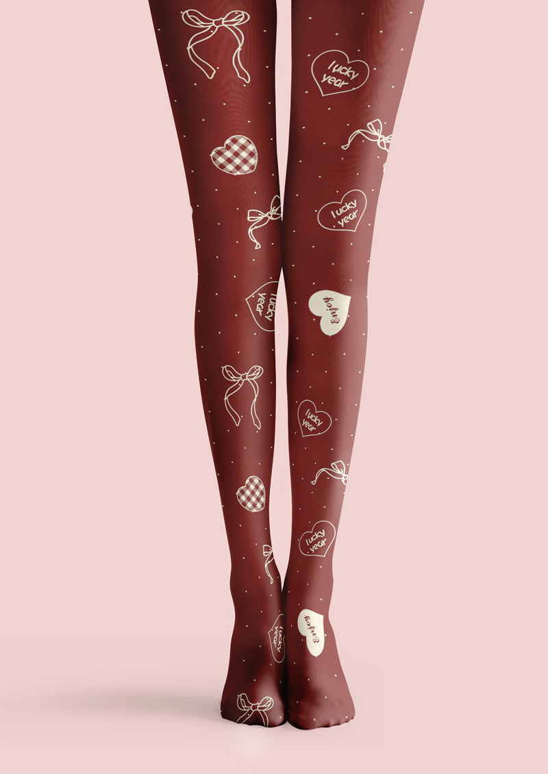 Burgundy Heart Bow Plaid Tights Hosiery Pantyhose