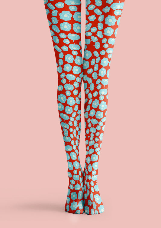 Red Blue Floral Tights Hosiery Pantyhose