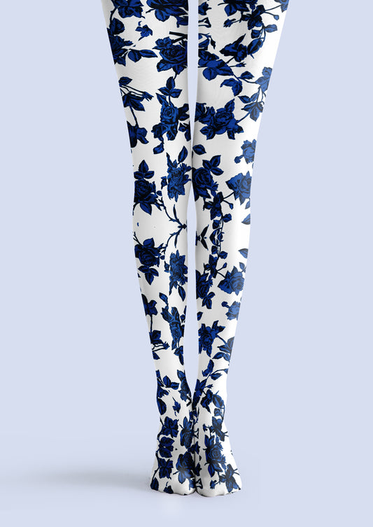 White Blue Rose Tights Hosiery Pantyhose